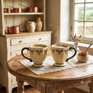 Vintage Bon Bonniere Buttercreme by Chaleur Yellow Black Scrolls & Trim Tea Mug